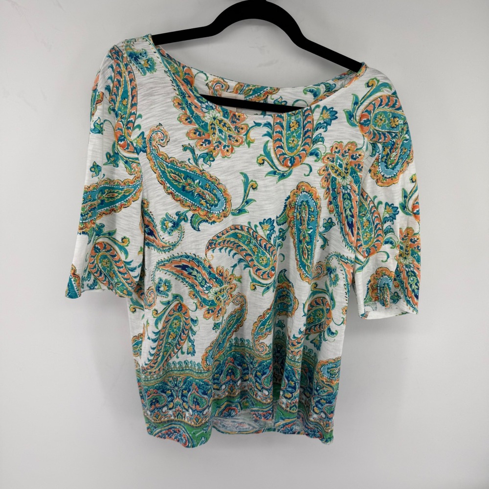 Chico's Paisley Print Boat Neck Elbow Sleeve Knit Top White Blue Orange Size 3